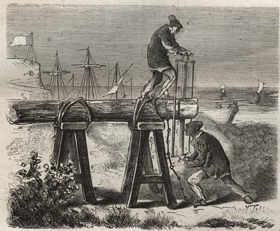 Forcats saweurs av fängelset Saint-Laurent (Saint-Laurent) i Cayenne (Franska Guyana) på 1800-talet. Gravyr i "Fångarnas historia från deras skapelse till idag" (1877) av Pierre Zaccone (1817-1895) (Colonia Penale - Straffkoloni). Privat c av Anonymous Anonymous