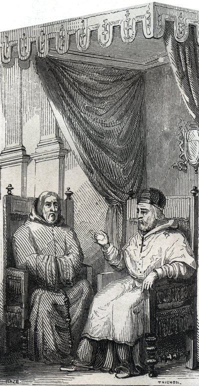 Franciskus av Paola grundare av den romersk-katolska minimiorden och påven Sixtus IV - Saint Francois de Paule (Francesco di Paola) (1416-1507), grundare av Minimesorden med påven Sixtus IV - Gravyr från 1846 i "Lives of the Heliga””. Privat samla av Anonymous Anonymous