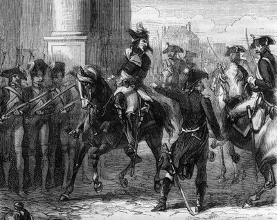 Francois Hanriot (1761-1794), fransk revolutionär vid dörren till konventet (9 thermidor 1794) - Gravyr i "Histoire des Girondins" av Alphonse de Lamartine (1790-1869) 1865-1866 - Privat samling av Anonymous Anonymous