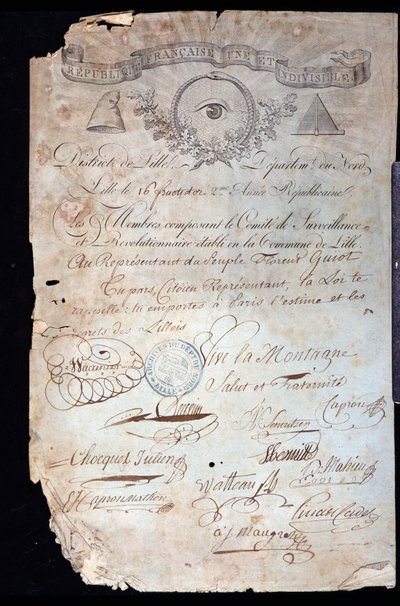 Franska revolutionen: intyg om medborgarskap från Guiot de Saint-Florent (Saint Florent) dit Florent-Guiot (eller Florent-Guyot) (1735-1834), en revolutionär och representant för folket, av den revolutionära kommittén i Lille daterad 16 år II (02/09/1 av Anonymous Anonymous