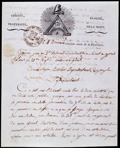 Franska revolutionen: första sidan och rubriken på ett militärt administrativt brev 4 dimma år III (1794-10-25) daterat 18 Frimaire år III (1794-12-08) med den republikanska inskriptionen "Liberte Egalite, Fraternite ou la Mort" och symboler av Franco-Maco av Anonymous Anonymous