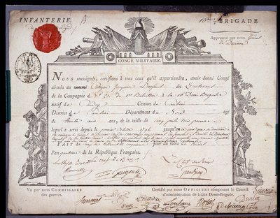 Franska revolutionen: officiellt dokument av militär conge daterat 5 Prairial år IV (24/05/1796) av en löjtnant från brigaden i distriktet Cambrai. Institutionsarkivet för Nord Lille av Anonymous Anonymous