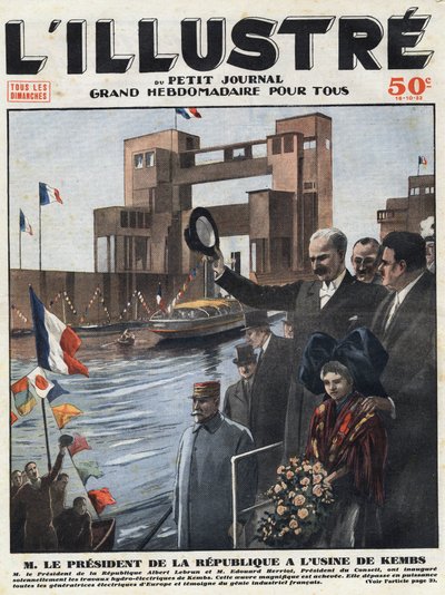 Fransk industri: Albert Lebrun (1871-1950), republikens president och Edouard Herriot (1872-1957), ordförande för rådet invigde vattenkraftverket Kembs i Haut-Rhin (Haut Rhin) i Alsace. Rubrikgravyr av "" L