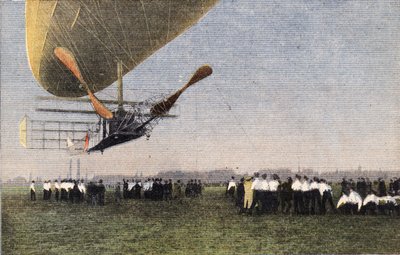 Från Compiegne till London med luftskepp: landningen av Bayard-Clement (Bayard Clement) till Wormwood Scrubbs. Gravyr. En av tidningen "" Le petit parisien"" den 30/10/1910. Privat samling. av Anonymous Anonymous