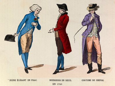 Från vänster till höger: En ung elegant i frac; En borgare i sorg och en hästkostym 1786 - privat samling av Anonymous Anonymous