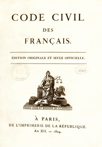 Frontispice av en av de tolv originalutgåvorna av "Code civil des francais"" som offentliggjordes av Napoleon Bonaparte den 21/03/1804. franska medborgarrättslagen. B.N. Paris av Anonymous Anonymous