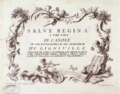 Frontispice av ett partitur av Salve regina hymn för tre röster av markisen av Ligneville (1768) av Anonymous Anonymous