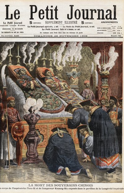 Kinesiska härskares begravning: kropparna av Imperator of China Yehenara, kejsarinnan Xiao Ding Jing (1868 - 1913) och kejsar Guangxu eller Kuang-Siu (Kouang Siu), Kinas kejsare under Qingdynastin (1872-1908) utställda i paviljongen av imperiale longevite. av Anonymous Anonymous