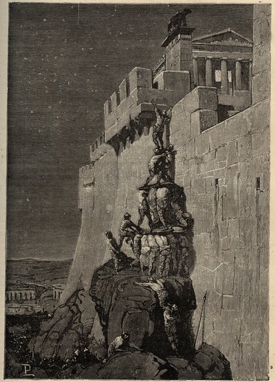Galler försöker ta Capitolium (390 f.Kr.) - Gäss räddar Romerska Capitolium från galliska inkräktare - - gravyr 1890 av Anonymous Anonymous