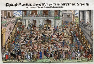German Knight Tournament - Anonym - ca 1530 - Kopparstick, akvarell - 27,6x37,6 - Privat samling av Anonymous Anonymous