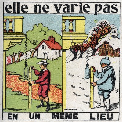 Kornighet: det varierar inte på ett ställe. Ett barn som mäter gravitationen med en fjäder på samma plats sommar och vinter. Anonym illustration från 1925. Privat samling. av Anonymous Anonymous