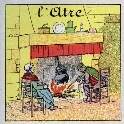 Hemuppvärmning: den öppna spisen. Anonym illustration från 1925. Privat samling. av Anonymous Anonymous