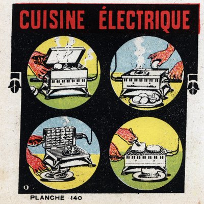 Hushållens användning av el: elektriskt kök med grill. Anonym illustration från 1925. Privat samling. av Anonymous Anonymous