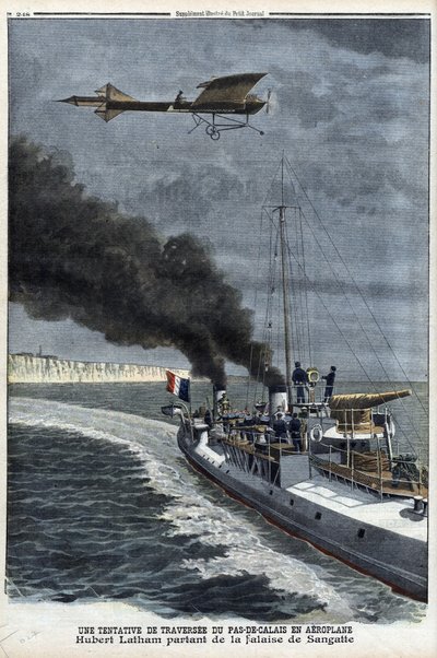 Hubert Latham (1883-1912), fransk flygare, lämnade Sangatte i ett monoplan "Antoinette" för att försöka korsa kanalen med flyg, 19 juli av Anonymous Anonymous