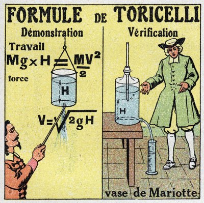 Hydraulisk: demonstration och verifiering av Toricelli formel. Den italienska fysikern Evangelista Torricelli eller Toricelli (1608-1647) gav en formel för att beräkna flödeshastigheten för en vätska när man vet höjden på dess fall. Till höger, vasen av av Anonymous Anonymous
