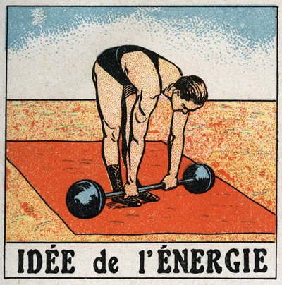 Idé om energi: idrottare som lyfter en vikt. Anonym illustration av 1925. Privat samling. av Anonymous Anonymous