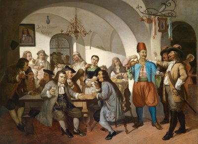 ""Interiör av ett café i Wien, Österrike"" (Gamla Vienna Coffee House Scene) Anonym målning ca 1900 Dim 63x100 cm Privat samling av Anonymous Anonymous
