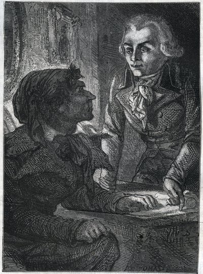 Jean-Paul (Jean Paul) Marat (1743-1793) med Maximilian av Robespierre (1758-1794). Gravyr från 1866 i "Histoire de la Revolution francaise"" av Adolphe Thiers. Privat samling. av Anonymous Anonymous