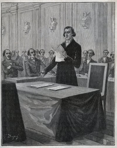 Jean Baptiste (Jean-Baptiste) Andre Dumas (1800-1884) Fransk kemist presenterade för Vetenskapsakademien sin rapport om uppfinningen Ruolz och Elkington. Gravyr från 1885 i "" Les arts et metiers illustres"" av Adolphe BITARD. av Anonymous Anonymous