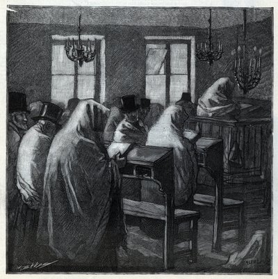 Judiska högtider: fideles under bönen i ett oratorium under helgerna. Gravyr i "Le monde illustree" från 1892. Privat samling. av Anonymous Anonymous
