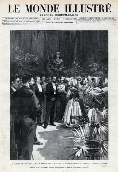 Sadi Carnots (1837-1894) resa till Savojen: Republikens president välkomnas i Chambery av unga flickor som erbjuder honom en bukett blommor. En tidning. Gravyr i "Le monde illustree" från 1892. Privat samling. av Anonymous Anonymous
