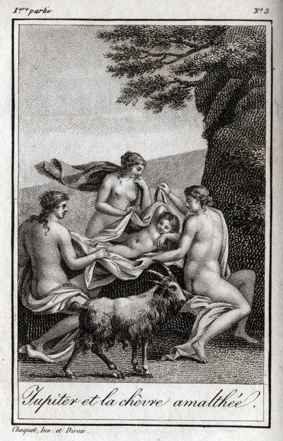 Jupiterbarn som matas av geten Amalthee. Gravyr från 1819 i "Lettres a Emilie sur la mythologie" av Charles Albert Demoustier (1760-1801). Privat samling. av Anonymous Anonymous