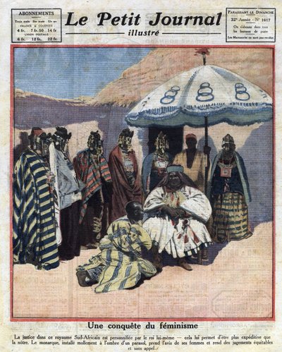 Upprätthållande av rättvisa och feminism i svarta afrikanska länder: en sydafrikansk kung rådgör med sina kvinnor innan han fäller dom. Illustration hämtad från "" Le petit journal"" från 1921-12-18 Samling privee av Anonymous Anonymous