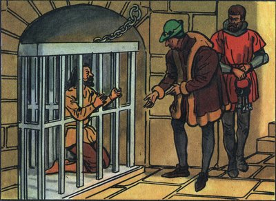 Kung Ludvig XI besöker burarna i Bastillefängelset. Anonym illustration i ""Samling av Frankrikes suveräner och statschefer"". 1900-talet. Privat samling. av Anonymous Anonymous