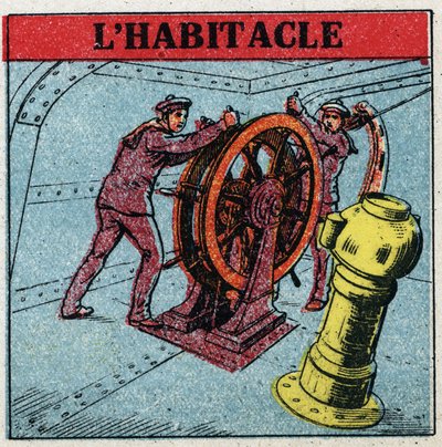 Landmagnetism: två sjömän som manövrerar rodret på ett fartyg och tittar på sittbrunnen, en kopparlåda där en kompakt är placerad. Anonym illustration från 1925. Privat samling. av Anonymous Anonymous