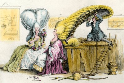 Stora excentriska frisyrer: unga kvinnor från adeln stylade av en peruk. Gravyr från 1788 privatsamling av Anonymous Anonymous