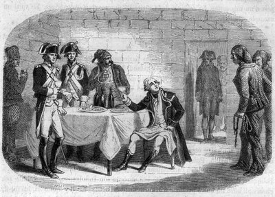 Sista ögonblicket av hertig Armand Louis de Gontaut de Biron, general-in-chief för Armees of the Rhen och Var; död 1793 - Gravyr i "Histoire des Girondins" av Alphonse de Lamartine (1790-1869) 1865-1866. Privat samling av Anonymous Anonymous