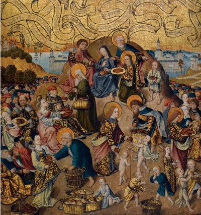 ""Miraklet med de fem bröden och två fiskar"" Anonym målning på trä, cirka 1500 (Miraklet med de fem bröden och två fiskar av Anonymous) c 1500 - Olja på trä, 68,9x62,7 - Privat samling av Anonymous Anonymous