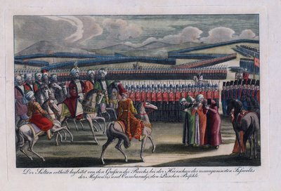 ""Den osmanske sultanen Selim III (1761-1808) granskar sitt nya infanteri"" Anonym gravyr 1806 Privat samling av Anonymous Anonymous