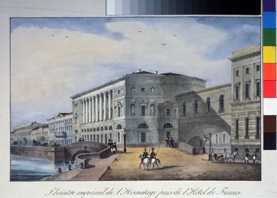 Eremitageteatern i Sankt Petersburg. Anonym litografi, färgad i akvarell, cirka 1840. A. Pushkin Memorial Museum, Sankt Petersburg. av Anonymous Anonymous