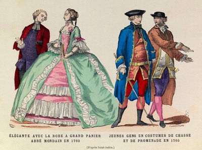 Vänster: Elegante med stor korgklänning, mondain abbe 1760/höger: Unga män i jakt- och promenaddräkt 1760 (regne av kung Ludvig XV) - privat samling av Anonymous Anonymous