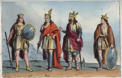 Les Merovingiens - Merovingian dynasti - Pharamond eller Faramund (- Chlodio (Clodius, Clodion, Cloio eller Chlogio) (Clodion le Chevelu) (ca 390 - ca 450) - Merovech (Merovee eller Merowig, ca 412-457) och Clovis (ca 466-511 ”- gravyr från” Usi e Costumi  av Anonymous Anonymous