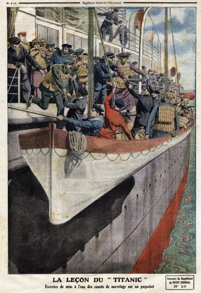 Livbåtsövning ombord på en liner, efter att RMS Titanic sjunkit, den 15 april 1912, Illustration från den franska tidningen Le petit Journal, 2 juni av Anonymous Anonymous