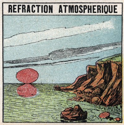Ljusbrytning: Atmosfärisk brytning ger en illusion av att solen är större vid uppgång eller solnedgång än vid zenit. Anonym illustration från 1925. Privat samling. av Anonymous Anonymous