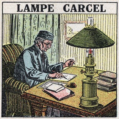 Ljuskällor: Carcel-lampa, uppfunnen av Guillaume Carcel (1750-1812) och med vegetabilisk olja. Anonym illustration från 1925. Privat samling. av Anonymous Anonymous