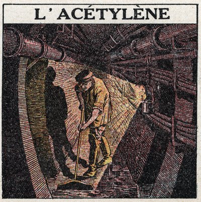 Ljuskällor: belysning av acetylen som används i trummor. Anonym illustration från 1925. Privat samling. av Anonymous Anonymous