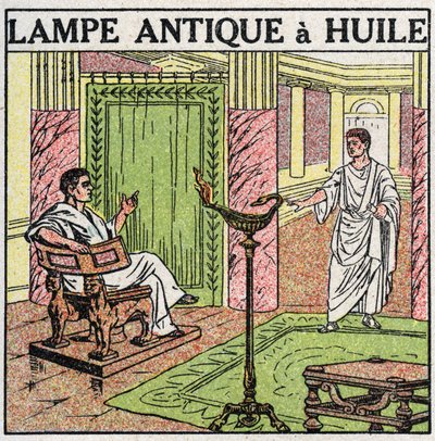 Ljuskällor: oljelampa som användes i antiken. Anonym illustration från 1925. Privat samling. av Anonymous Anonymous