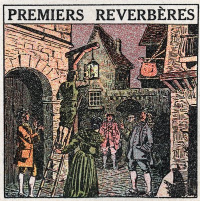 Ljuskällor: de första reverberna installerade i Frankrike 1677. Anonym illustration från 1925. Privat samling. av Anonymous Anonymous