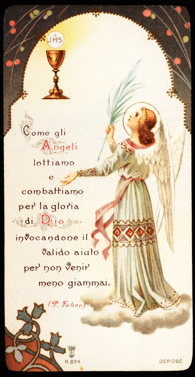 Liksom änglarna kämpar och kämpar vi för Guds ära Fromma bild med en kalk och en värd där vi ser Jesu Kristi monogram, JHS (JHS). 1900-talets privata samling av Anonymous Anonymous