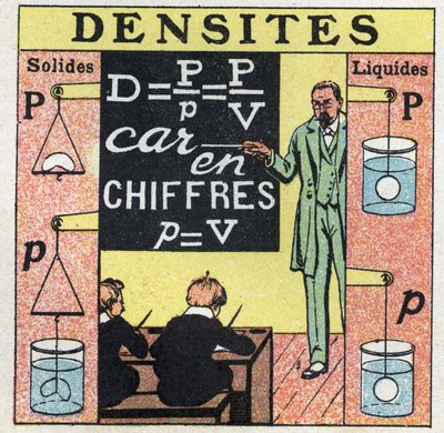 Vätskebalans: en lärare som lär ut fast densitet och vätskedensitet har elever i ett klassrum. Anonym illustration från 1925. Privat samling. av Anonymous Anonymous