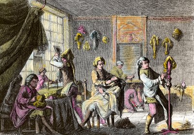 Louis XV mode: utsikt över interiören av en perukfrisör. Gravyr omkring 1755. Privat samling av Anonymous Anonymous