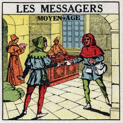 Mail: Budbärare under medeltiden. Anonym illustration av 1925. Privat samling. av Anonymous Anonymous