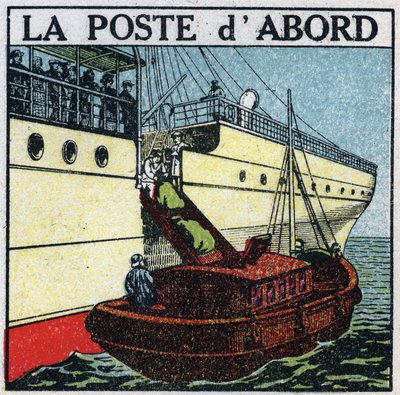 Post: fartyg som levererar post ombord på ett linjefartyg (post först). Anonym illustration från 1925. Privat samling. av Anonymous Anonymous