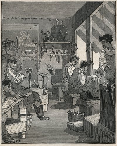 Tillverkning av kammar i en verkstad i Frankrike på 1800-talet. Gravyr från 1885 i "" Les arts et metiers illustres"" av Adolphe BITARD. av Anonymous Anonymous