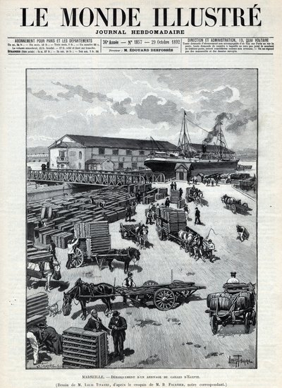 Sjöfartshandel: skällande av en ankomst av vaktel från Egypten i hamnen i Marseille. En tidning. Gravyr i "Le monde illustree" från 1892. Privat samling. av Anonymous Anonymous