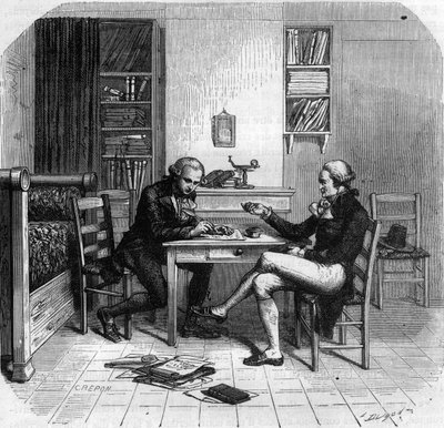 Maximilien de Robespierre 1758-1794, fransk politiker, ledamot av kommittén för allmän säkerhet med Maurice Duplay i hans rum - Chambre de Maximilien de Robespierre chez Maurice Duplay (1736-1820) rue Saint-Honore a Paris - Gravyr i "Histoire des Gi av Anonymous Anonymous